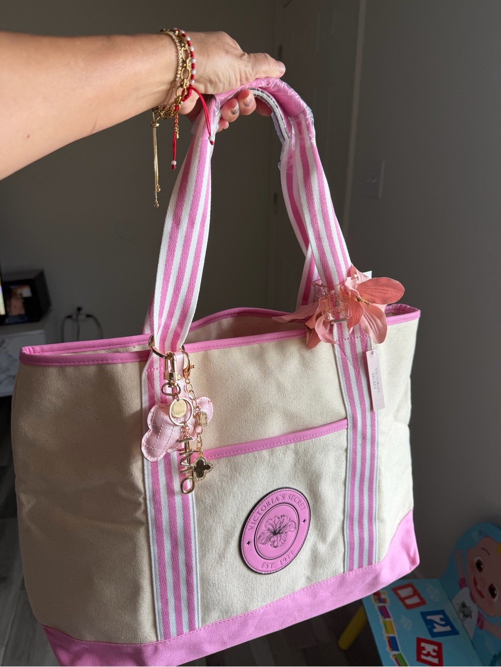 Victoria's Secret Cream and Pink Striped Canvas Tote